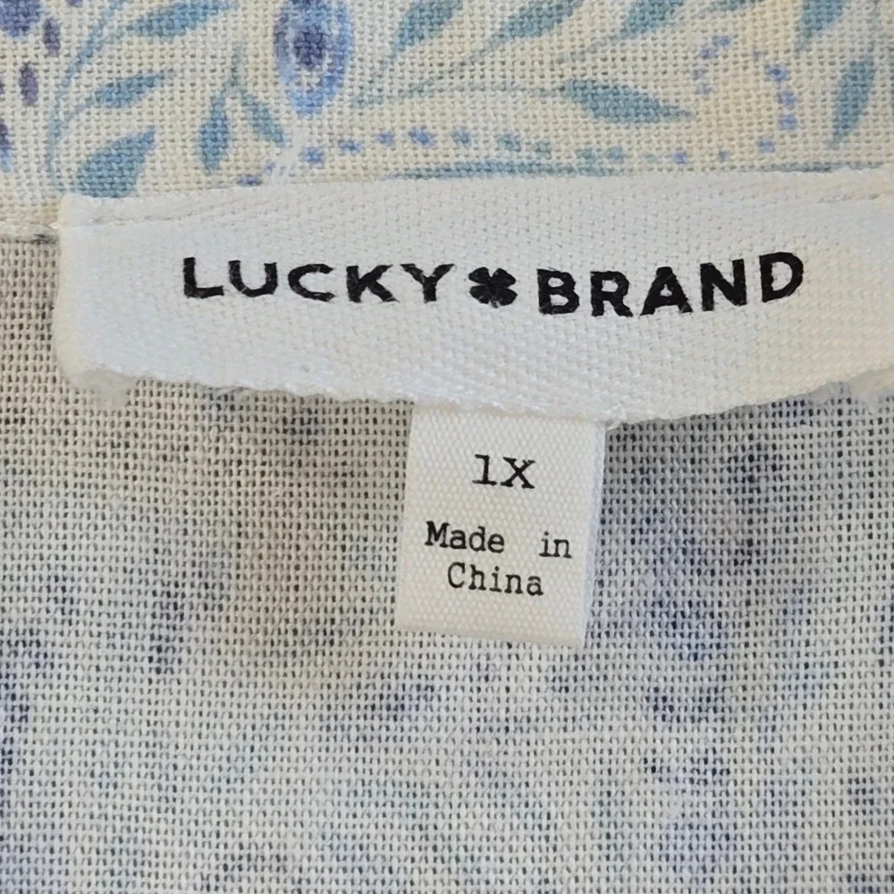 Lucky Brand Maxi Dress Womens 1X Blue Paisley Linen Blend Button Front Tie Waist - Picture 4 of 8